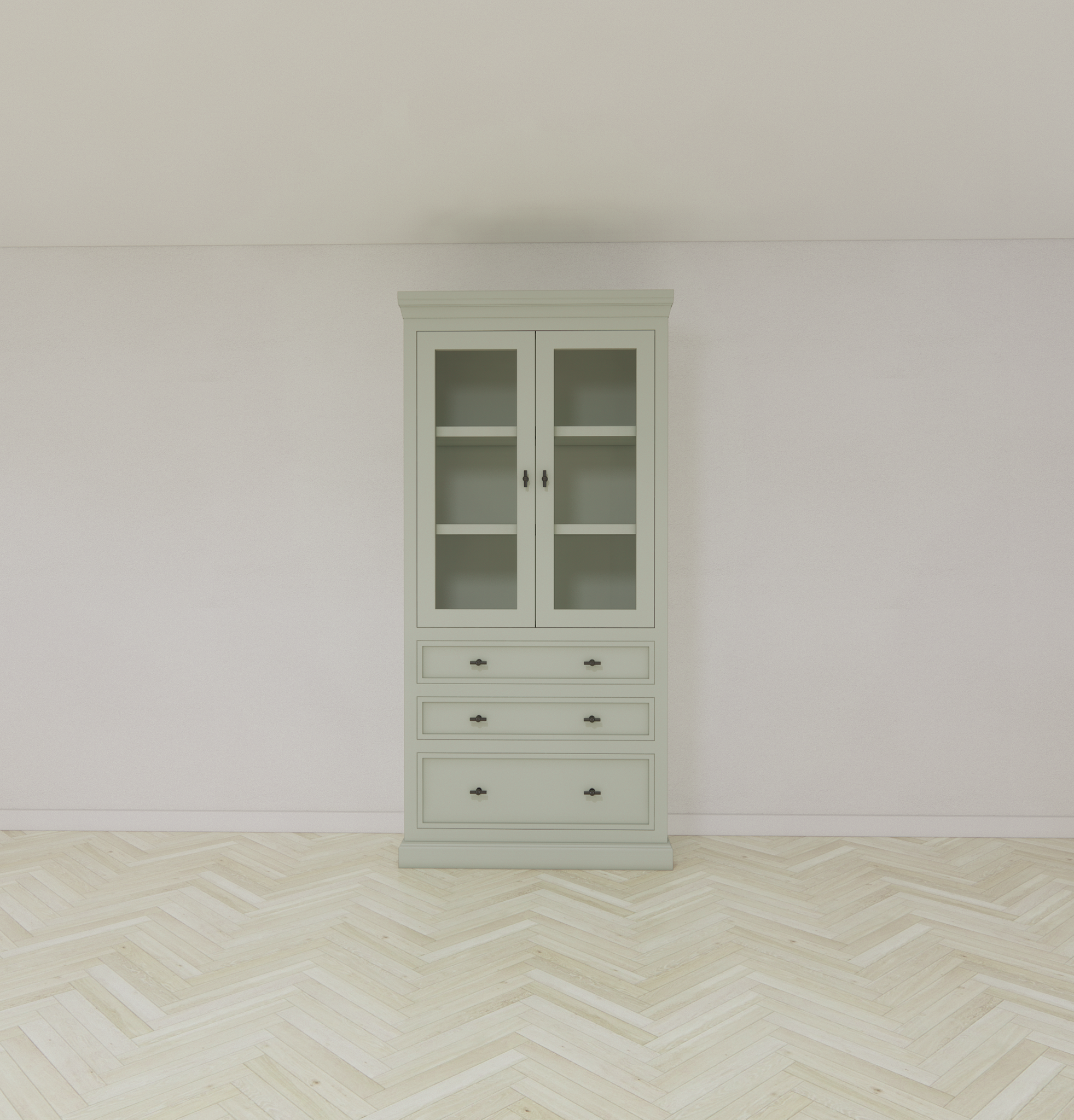 Vitrine/Schubladenschrank Foggia 01 - 107x48x225H cm - 2 Schranktüren - 3 breite Soft-Close-Schubladen - rustikaler/klassischer Dekorrahmen