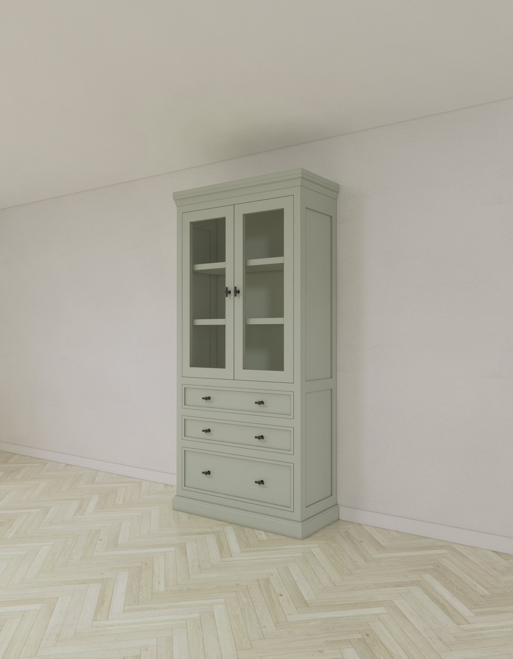 Vitrine/Schubladenschrank Foggia 01 - 107x48x225H cm - 2 Schranktüren - 3 breite Soft-Close-Schubladen - rustikaler/klassischer Dekorrahmen