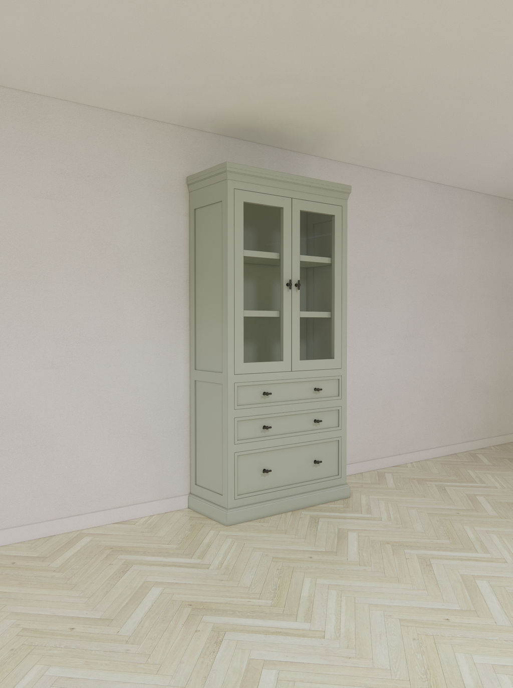 Vitrine/Schubladenschrank Foggia 01 - 107x48x225H cm - 2 Schranktüren - 3 breite Soft-Close-Schubladen - rustikaler/klassischer Dekorrahmen