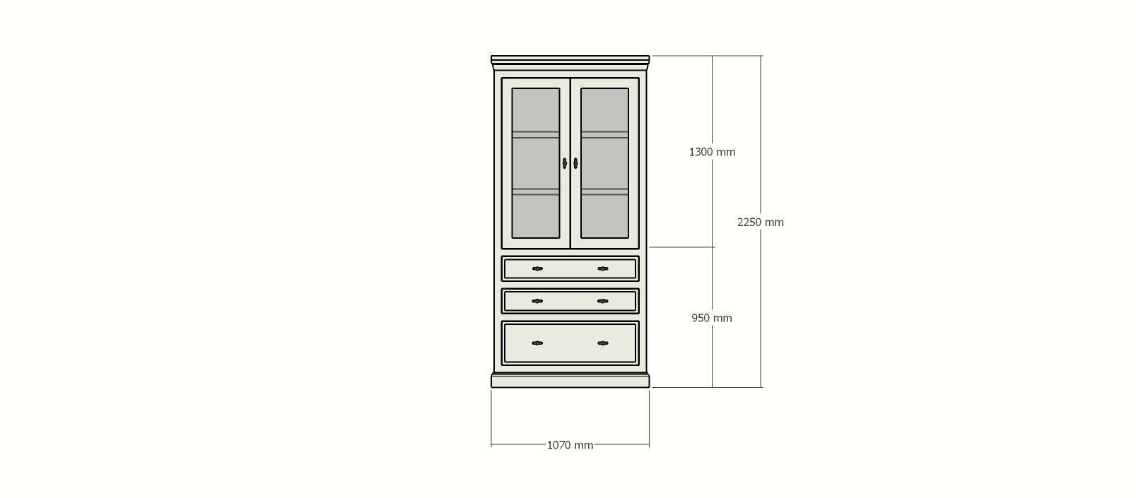 Vitrine/Schubladenschrank Foggia 01 - 107x48x225H cm - 2 Schranktüren - 3 breite Soft-Close-Schubladen - rustikaler/klassischer Dekorrahmen