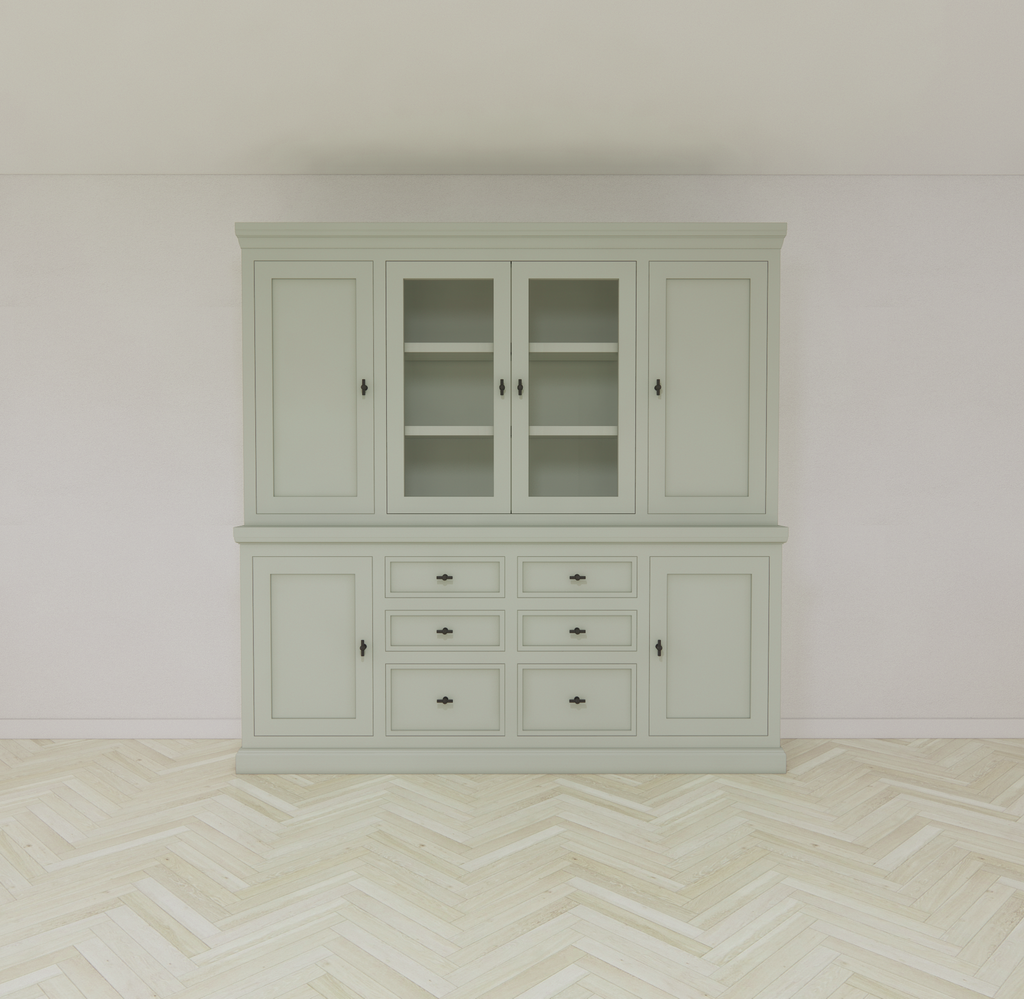 Buffetschrank Foggia 05- 225x48x225H cm - 2 geschlossene Türen im oberen Schrank - 2 Vitrinentüren - 4 geschlossene Türen im unteren Schrank - 6 Soft-Close-Schubladen - rustikaler/klassischer Dekorrahmen