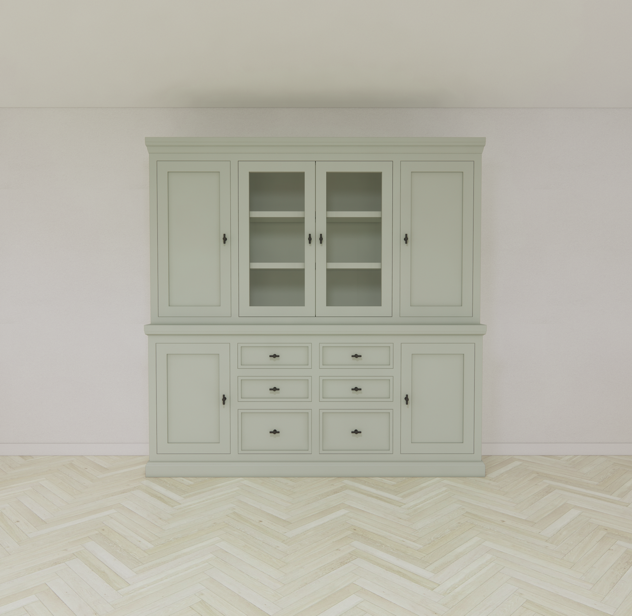 Buffetschrank Foggia 05- 225x48x225H cm - 2 geschlossene Türen im oberen Schrank - 2 Vitrinentüren - 4 geschlossene Türen im unteren Schrank - 6 Soft-Close-Schubladen - rustikaler/klassischer Dekorrahmen