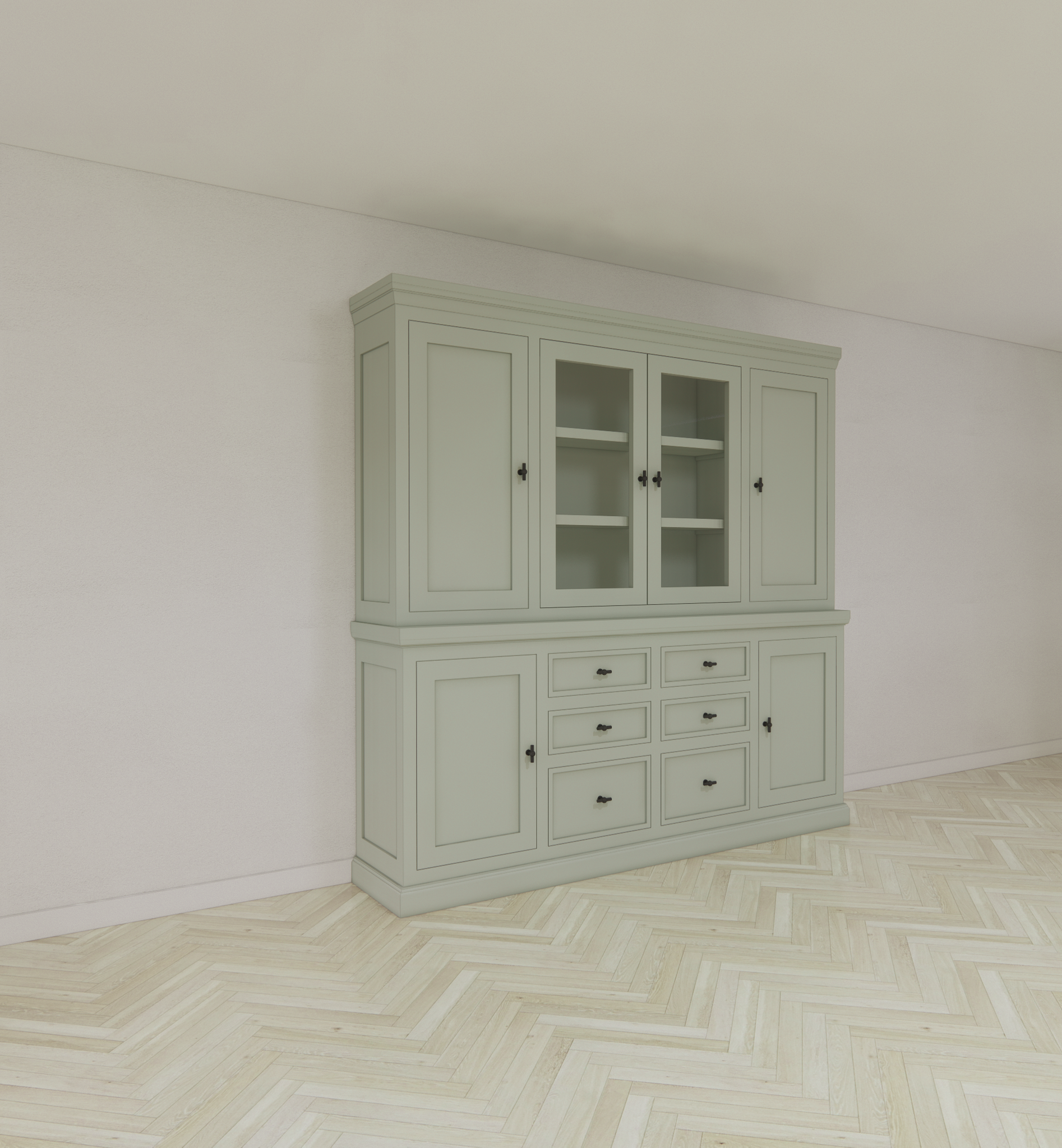 Buffetschrank Foggia 05- 225x48x225H cm - 2 geschlossene Türen im oberen Schrank - 2 Vitrinentüren - 4 geschlossene Türen im unteren Schrank - 6 Soft-Close-Schubladen - rustikaler/klassischer Dekorrahmen