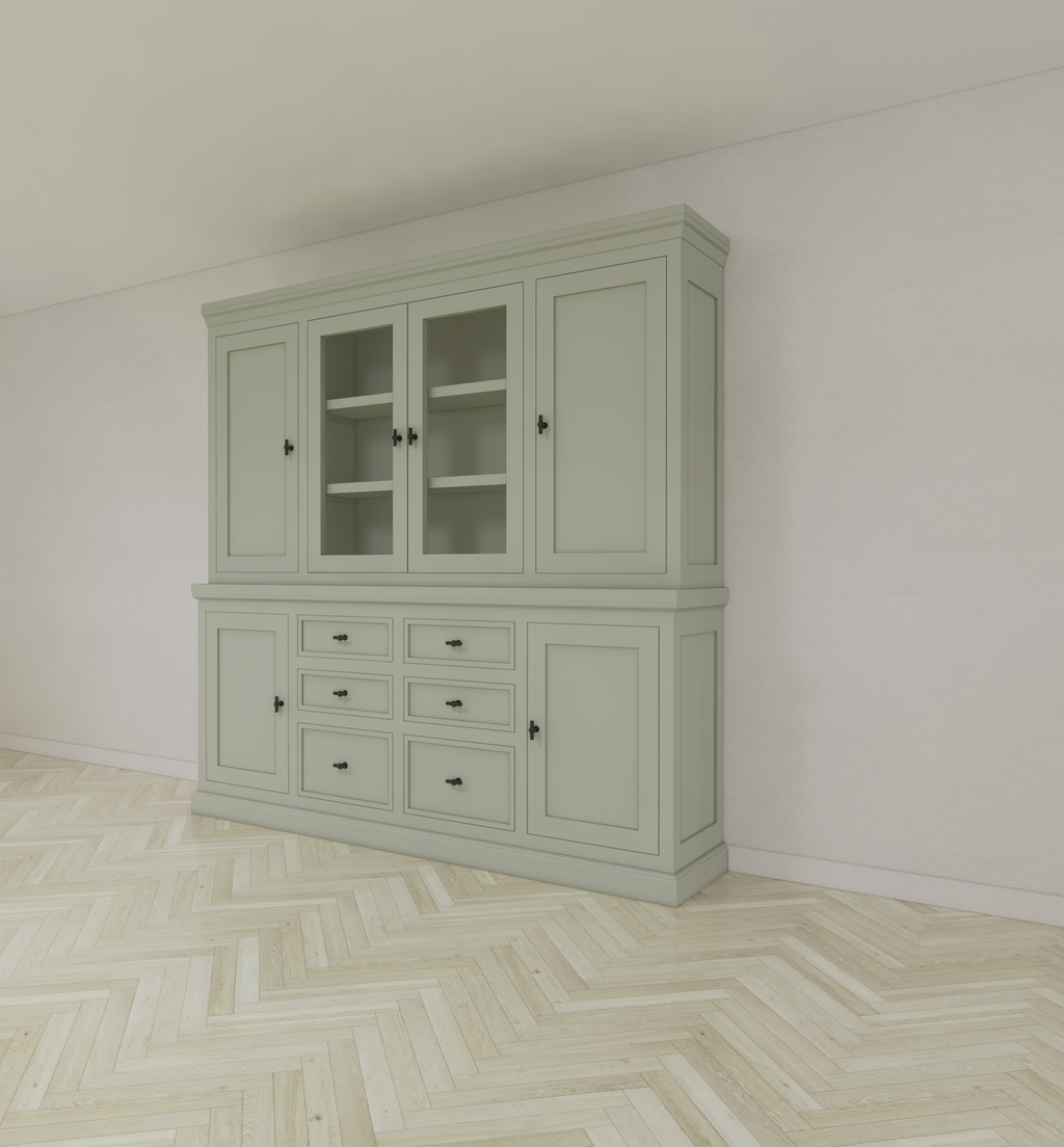 Buffetschrank Foggia 05- 225x48x225H cm - 2 geschlossene Türen im oberen Schrank - 2 Vitrinentüren - 4 geschlossene Türen im unteren Schrank - 6 Soft-Close-Schubladen - rustikaler/klassischer Dekorrahmen