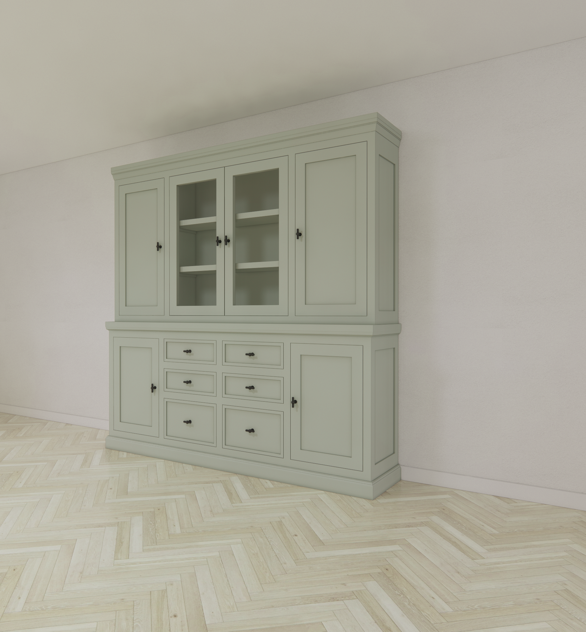 Buffetschrank Foggia 05- 225x48x225H cm - 2 geschlossene Türen im oberen Schrank - 2 Vitrinentüren - 4 geschlossene Türen im unteren Schrank - 6 Soft-Close-Schubladen - rustikaler/klassischer Dekorrahmen