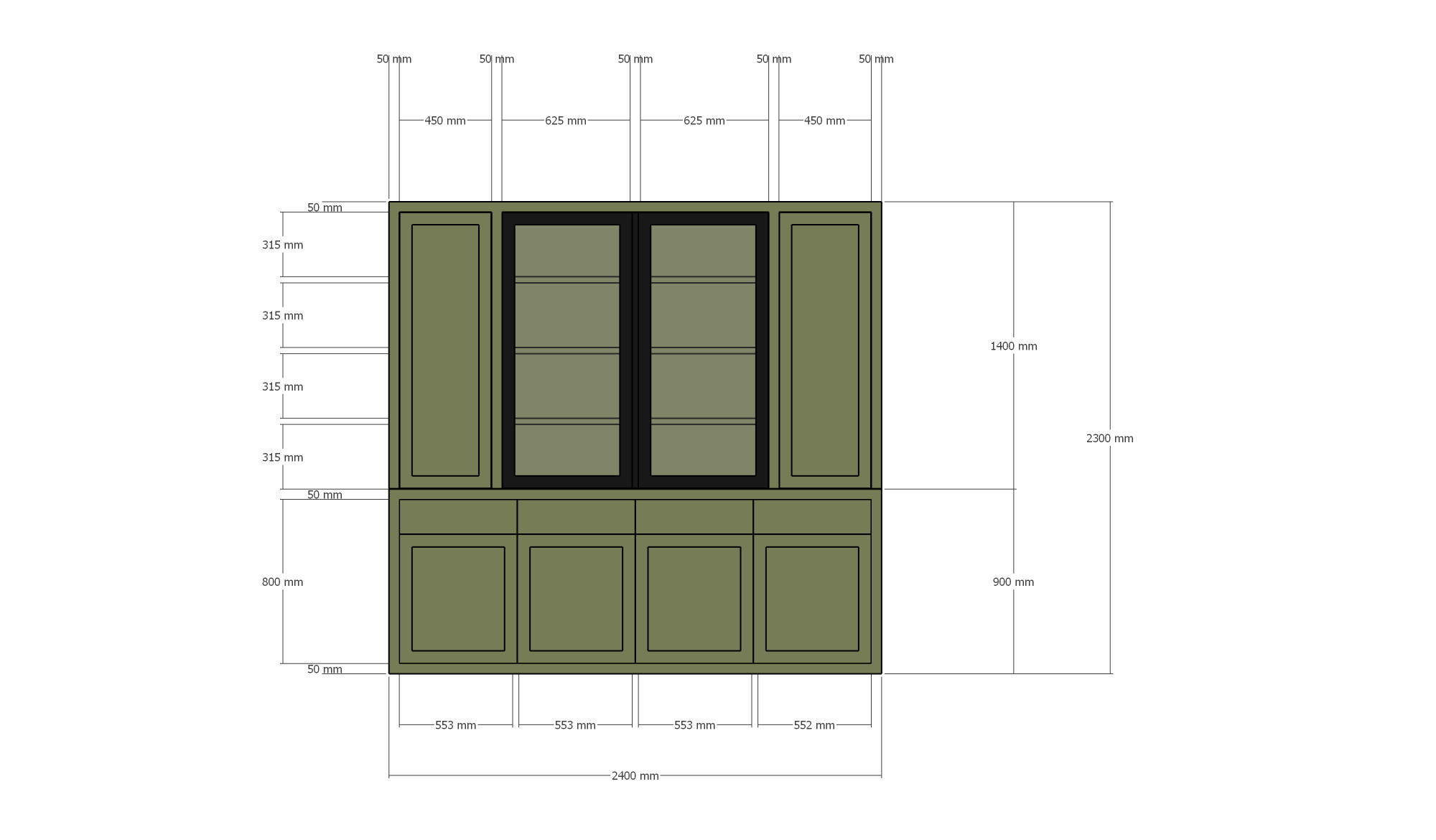 Formia Buffetschrank - 240x50x230H cm - Stahltüren - push-to-open Türen und Schubladen