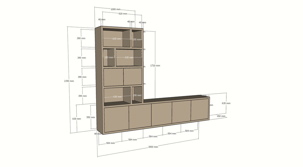 Frankston Fächerschrank - 300x45x235H cm - 7 Türen - 6 offene Fächer - 4cm Fachbodenstärke