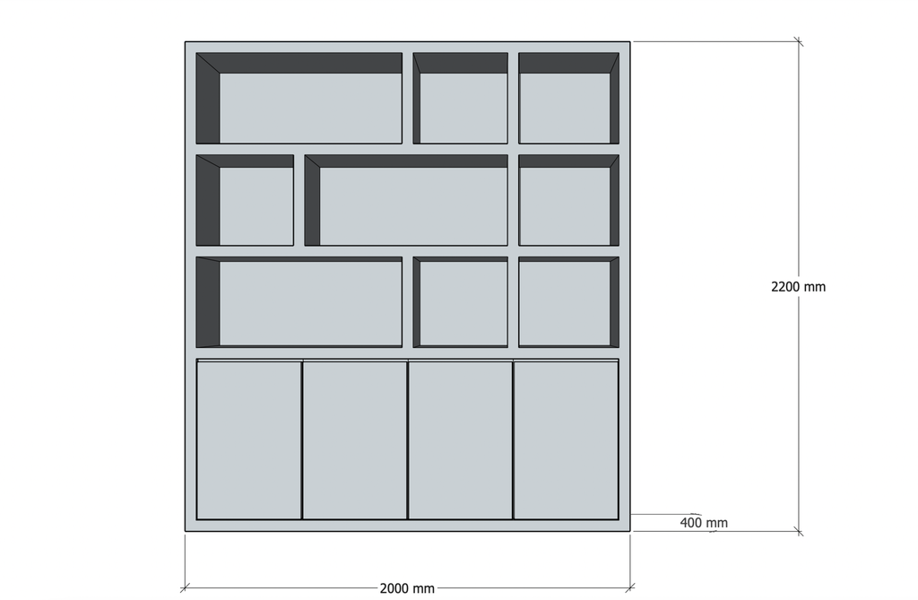 Regal Florida - 200x40x220H cm - schlankes Design - 4 grifflose Türen - 5cm Fachbodenstärke