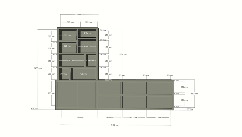 Genola TV Anrichte/Schrank - 340x45/30x240H cm - 5cm Fachbodenstärke - 6 Schubladen mit Push-to-open - 2 Türen mit Push-to-open - offene Fächer