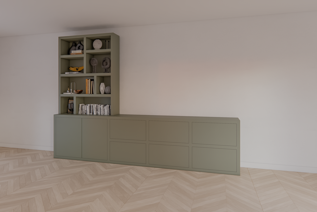 Genola TV Anrichte/Schrank - 340x45/30x240H cm - 5cm Fachbodenstärke - 6 Schubladen mit Push-to-open - 2 Türen mit Push-to-open - offene Fächer