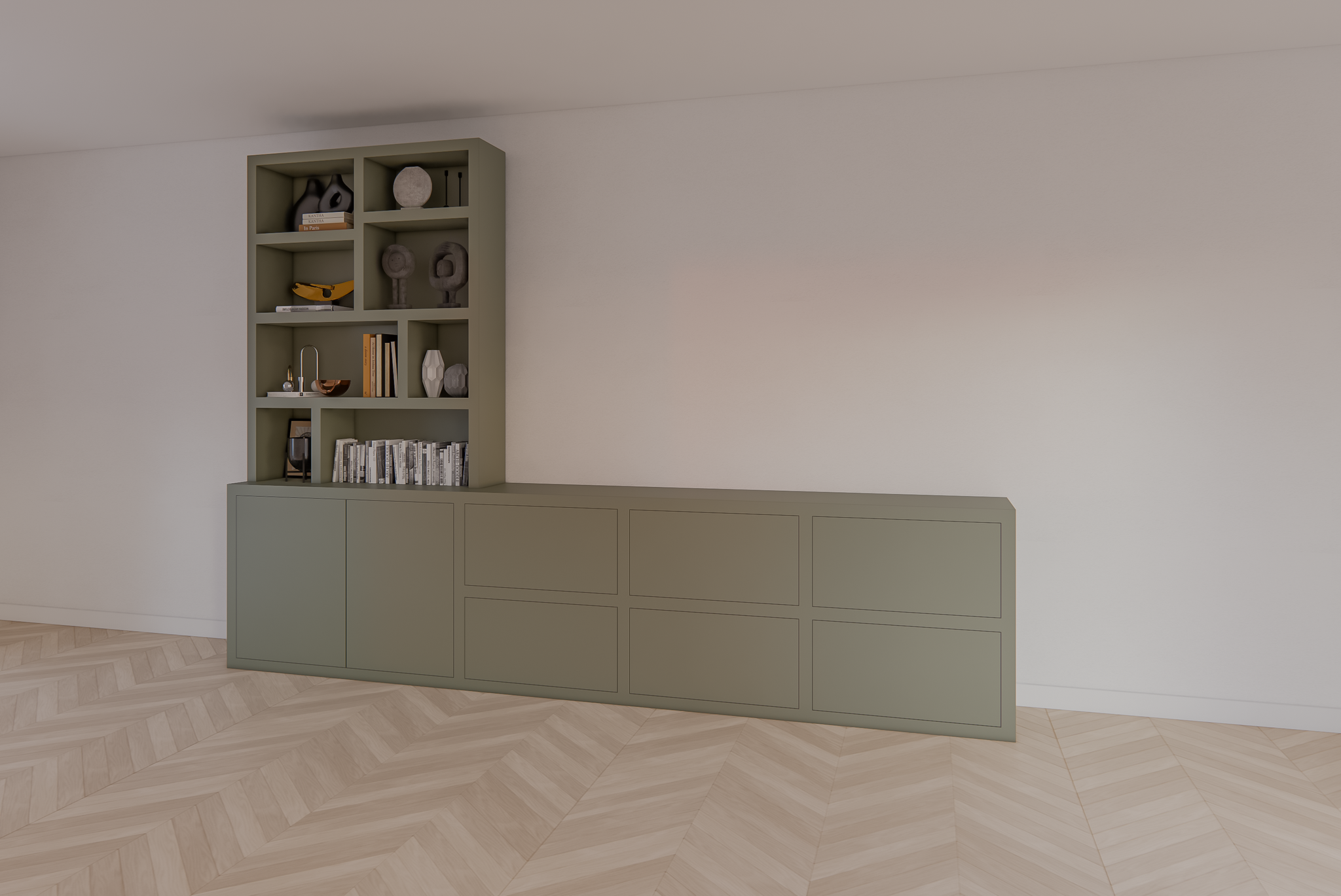 Genola TV Anrichte/Schrank - 340x45/30x240H cm - 5cm Fachbodenstärke - 6 Schubladen mit Push-to-open - 2 Türen mit Push-to-open - offene Fächer