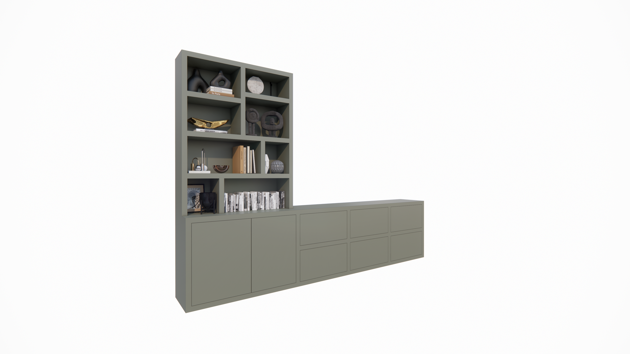 Genola TV Anrichte/Schrank - 340x45/30x240H cm - 5cm Fachbodenstärke - 6 Schubladen mit Push-to-open - 2 Türen mit Push-to-open - offene Fächer