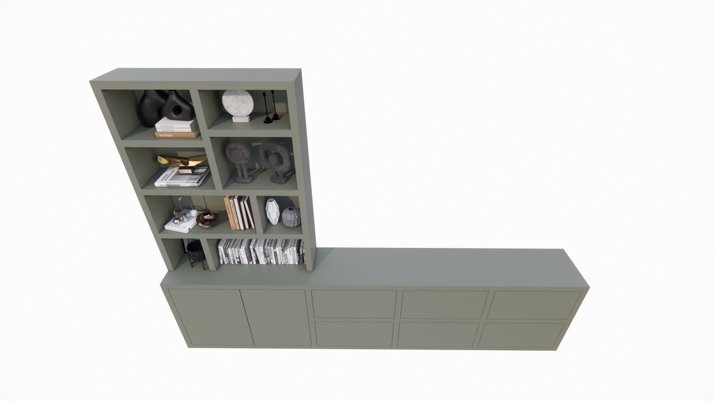Genola TV Anrichte/Schrank - 340x45/30x240H cm - 5cm Fachbodenstärke - 6 Schubladen mit Push-to-open - 2 Türen mit Push-to-open - offene Fächer