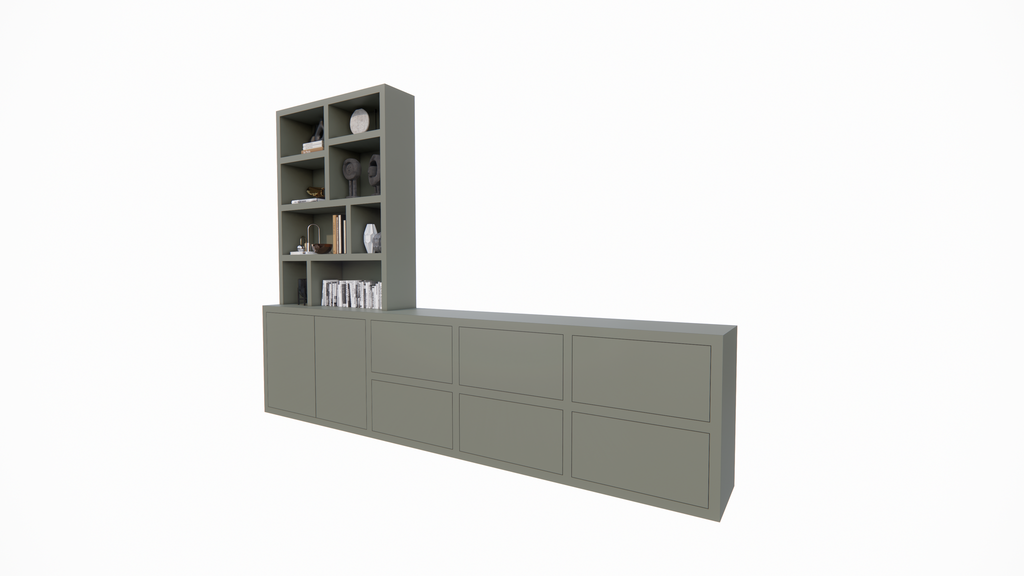 Genola TV Anrichte/Schrank - 340x45/30x240H cm - 5cm Fachbodenstärke - 6 Schubladen mit Push-to-open - 2 Türen mit Push-to-open - offene Fächer