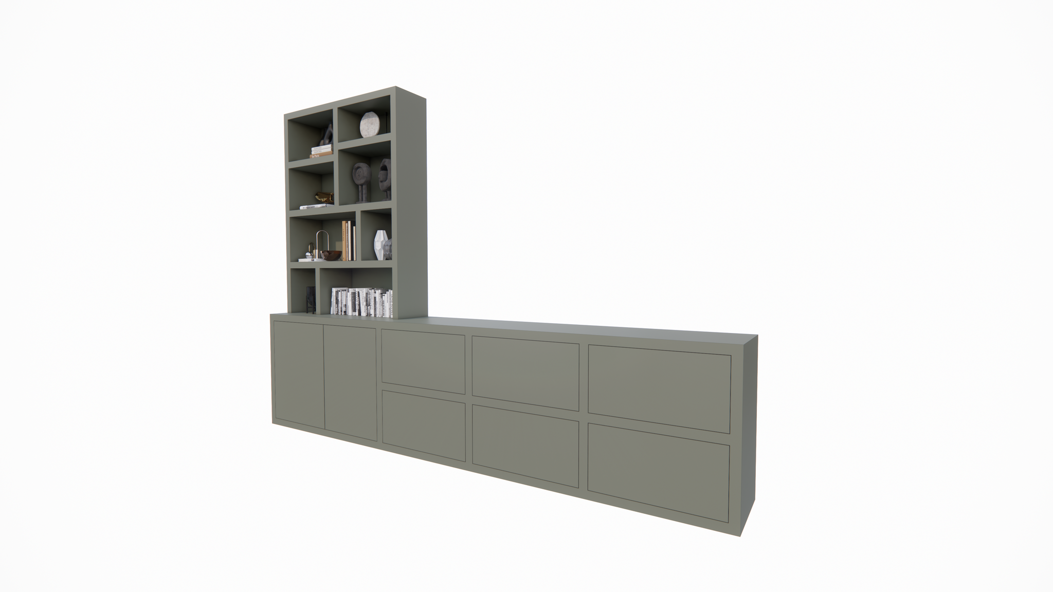 Genola TV Anrichte/Schrank - 340x45/30x240H cm - 5cm Fachbodenstärke - 6 Schubladen mit Push-to-open - 2 Türen mit Push-to-open - offene Fächer