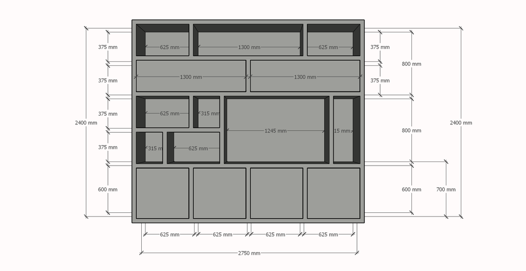 TV-Schrank Girona - 275x40x240H cm - offene Fächer im oberen Schrank und 2 Klapptüren - 4 grifflose Türen im unteren Schrank - Cinewall - TV-Fach