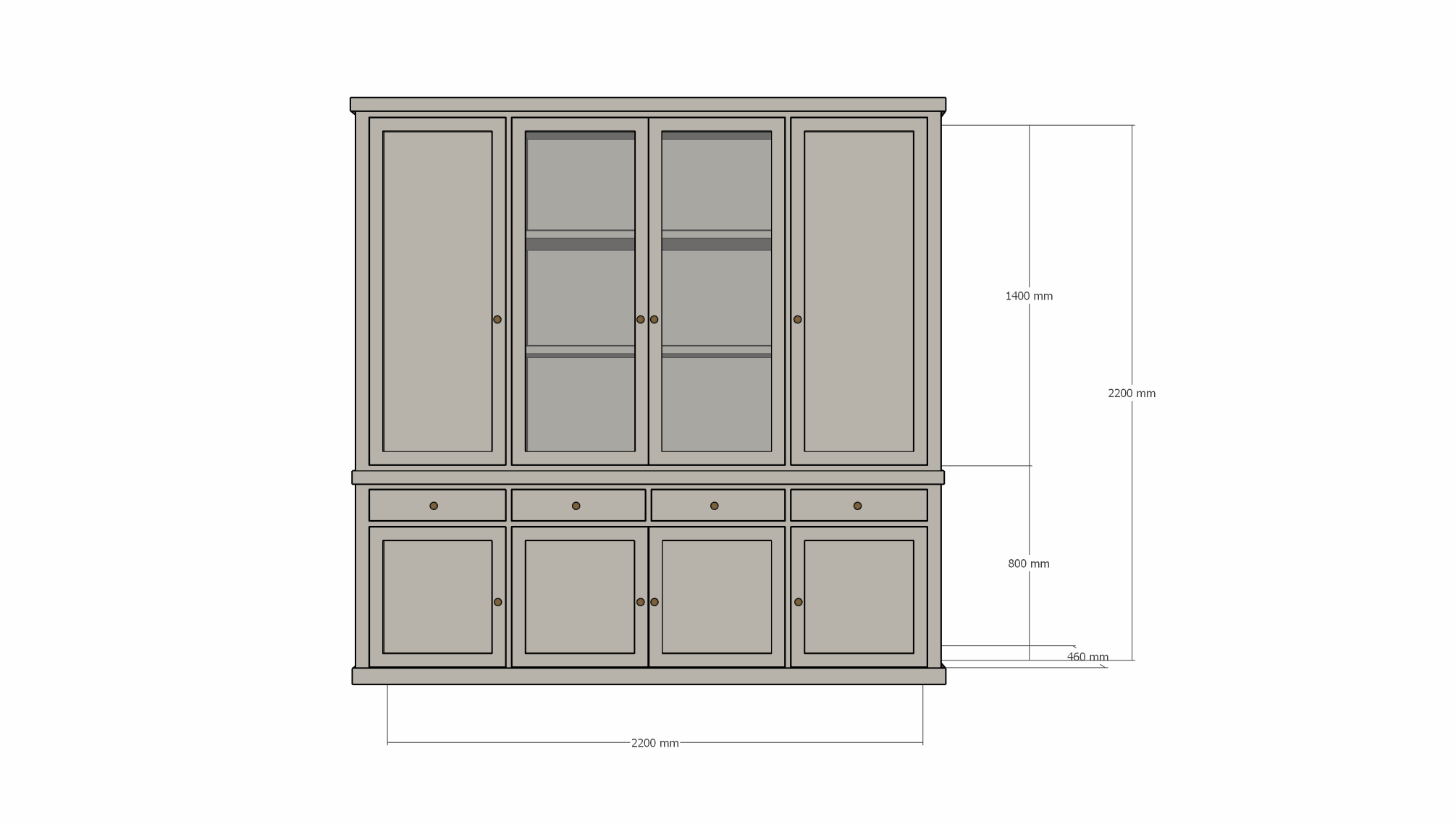 Buffetschrank Gramat - 220x46x220Hcm - Flügeltüren - 2 Glastüren - Soft-Close-Schubladen