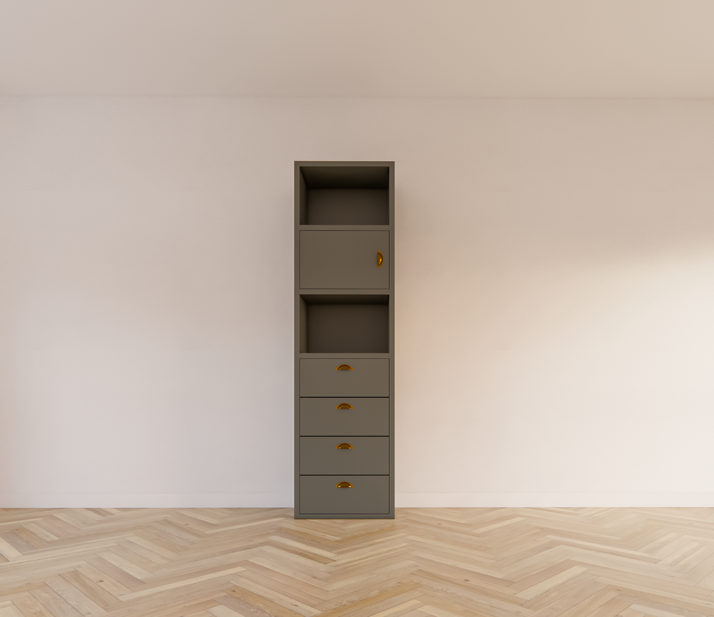 Kommode Graz - 58x34x207H cm - Soft-Close-Schubladen - offene Fächer - Tür