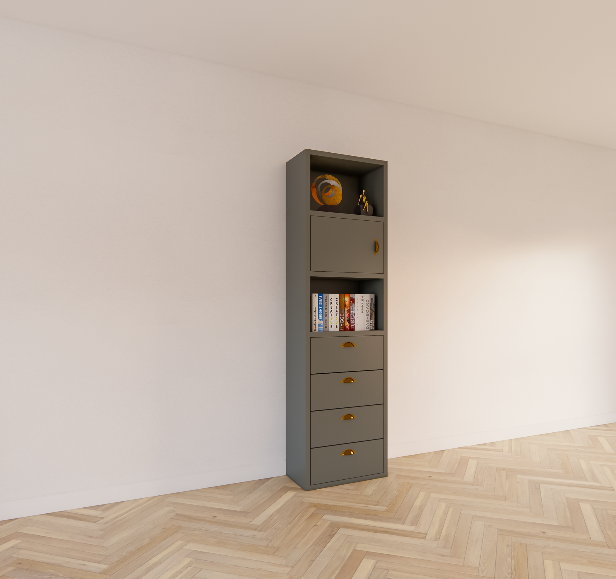 Kommode Graz - 58x34x207H cm - Soft-Close-Schubladen - offene Fächer - Tür