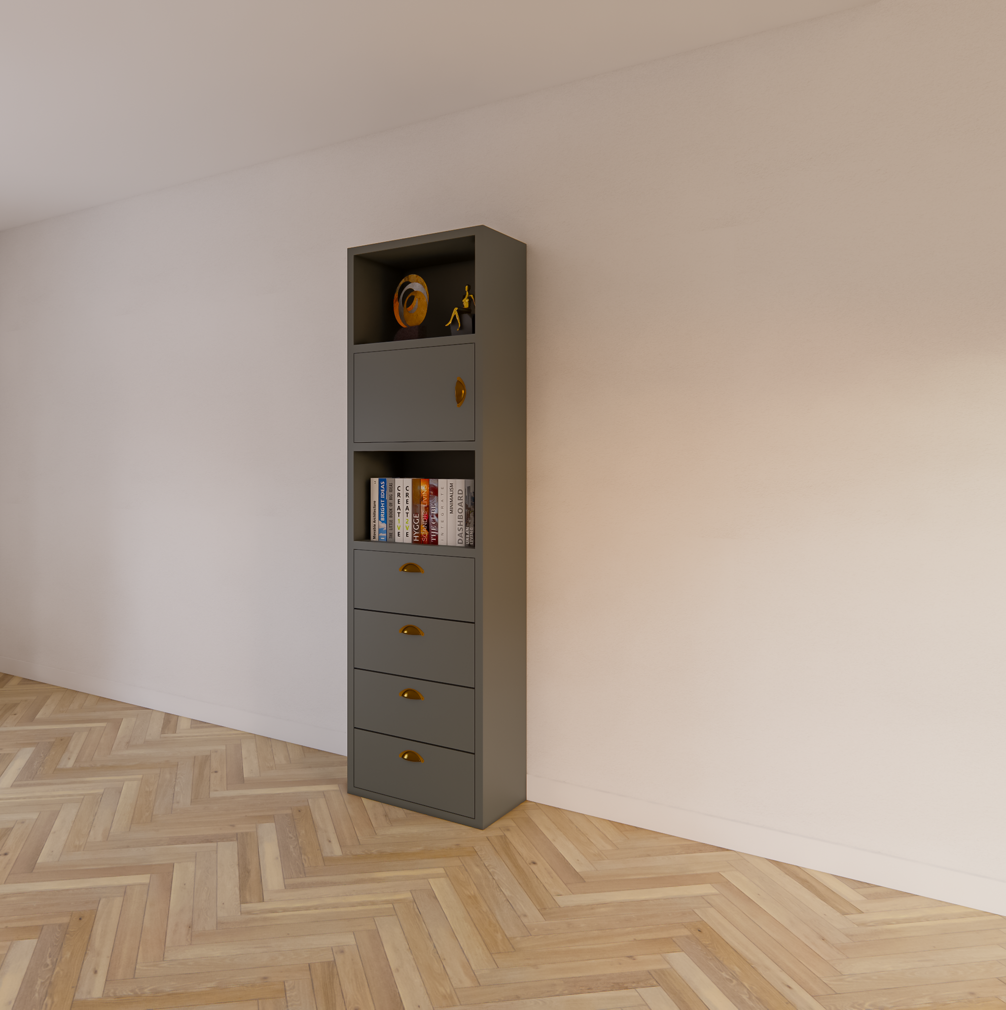 Kommode Graz - 58x34x207H cm - Soft-Close-Schubladen - offene Fächer - Tür