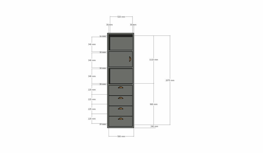Kommode Graz - 58x34x207H cm - Soft-Close-Schubladen - offene Fächer - Tür