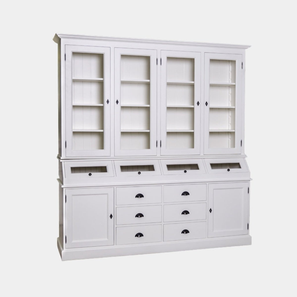 Grutterschrank Cova - 214x50x226H cm - 4 Vitrinentüren mit Scharnieren - 4 Klappen - 6 Schubladen - 2 geschlossene Scharniertüren