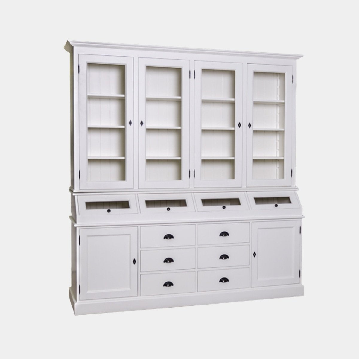 Grutterschrank Cova - 214x50x226H cm - 4 Vitrinentüren mit Scharnieren - 4 Klappen - 6 Schubladen - 2 geschlossene Scharniertüren