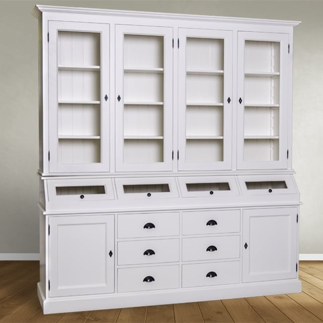 Grutterschrank Cova - 214x50x226H cm - 4 Vitrinentüren mit Scharnieren - 4 Klappen - 6 Schubladen - 2 geschlossene Scharniertüren