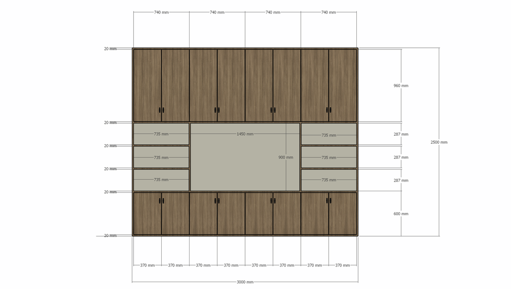 Fernsehschrank hermanus - 300x40x250H cm - Ausführung Eiche - Preis auf Anfrage