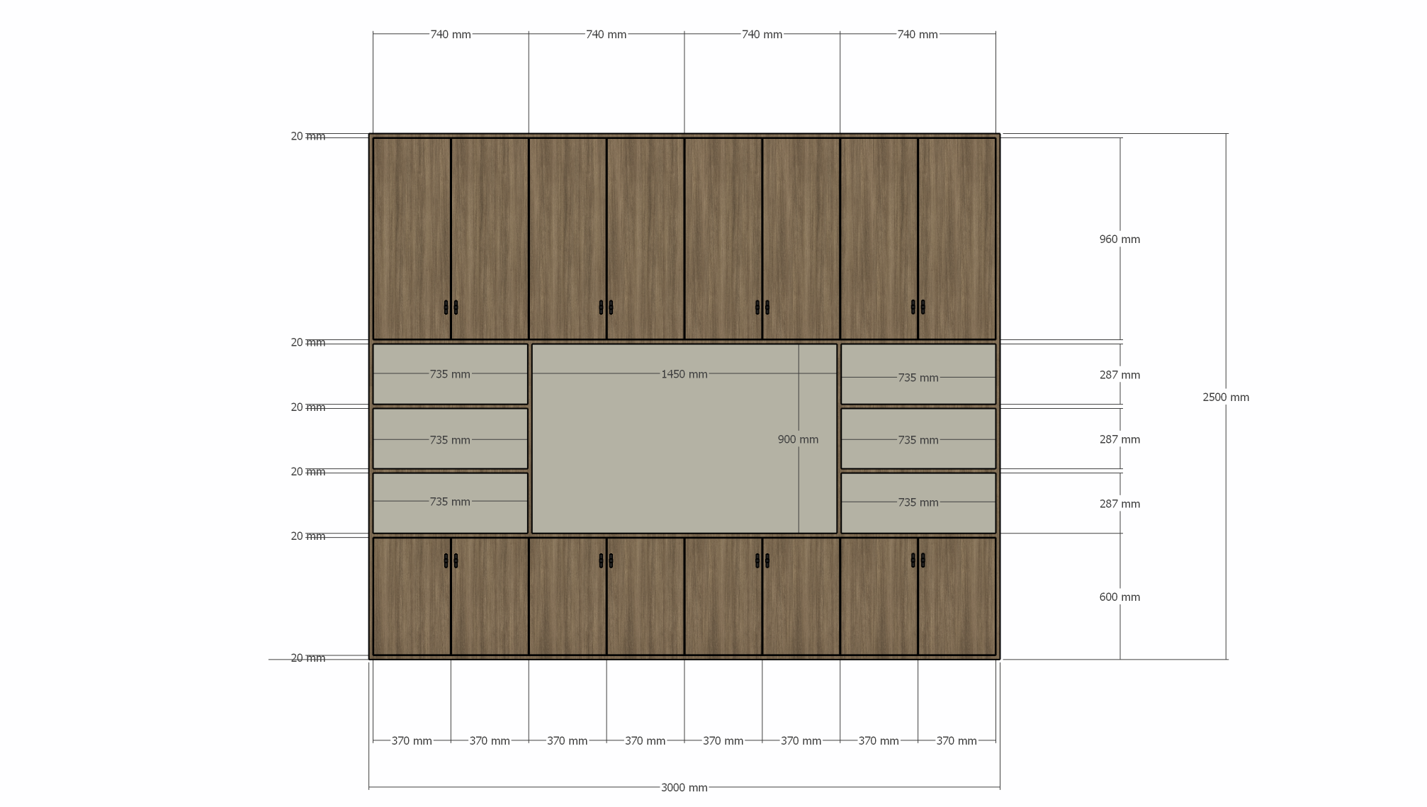 Fernsehschrank hermanus - 300x40x250H cm - Ausführung Eiche - Preis auf Anfrage