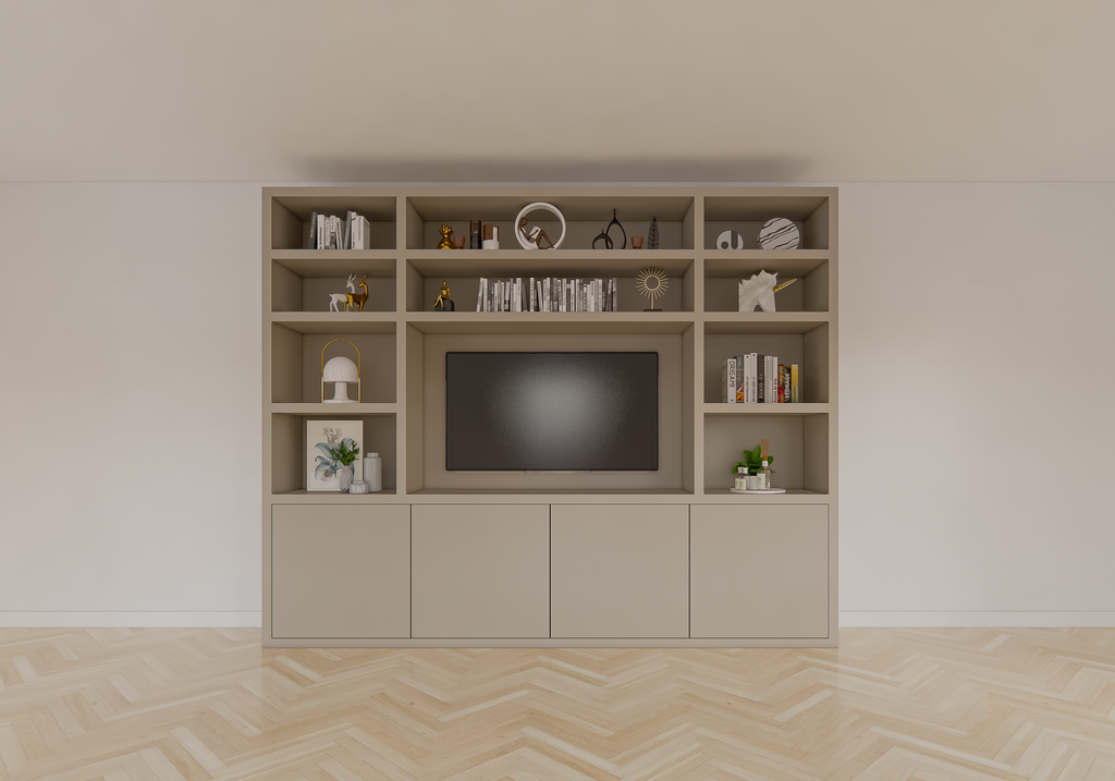 Hong Kong Fächerschrank - 300x40x240cm - 11 offene Fächer - 4 push-to-open Türen - 5cm Fachbodenstärke