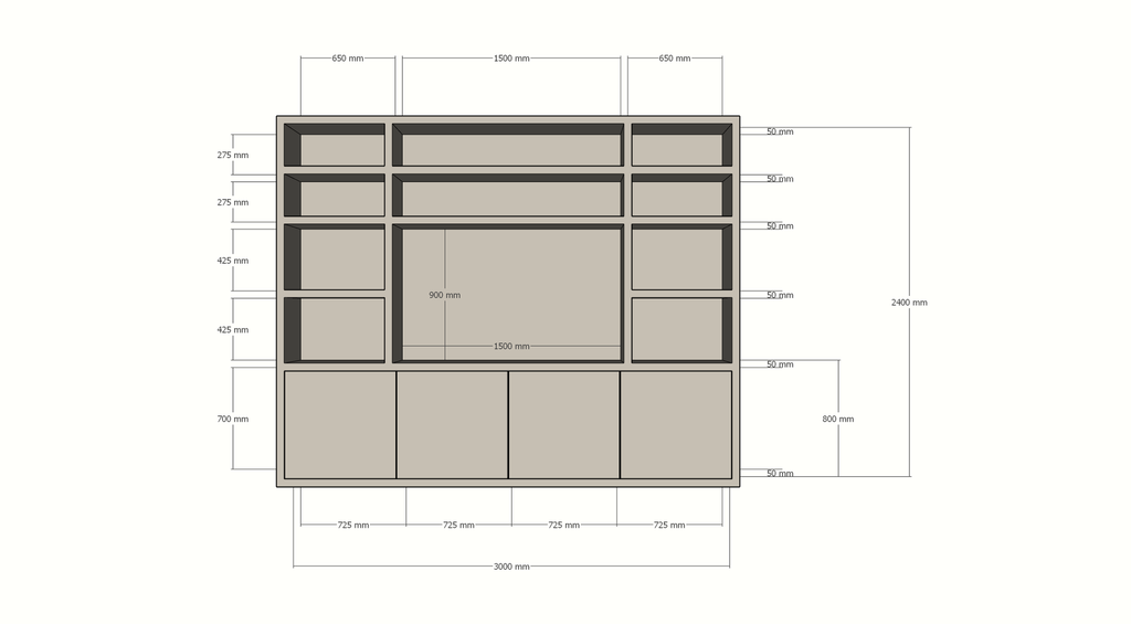 Hong Kong Fächerschrank - 300x40x240cm - 11 offene Fächer - 4 push-to-open Türen - 5cm Fachbodenstärke