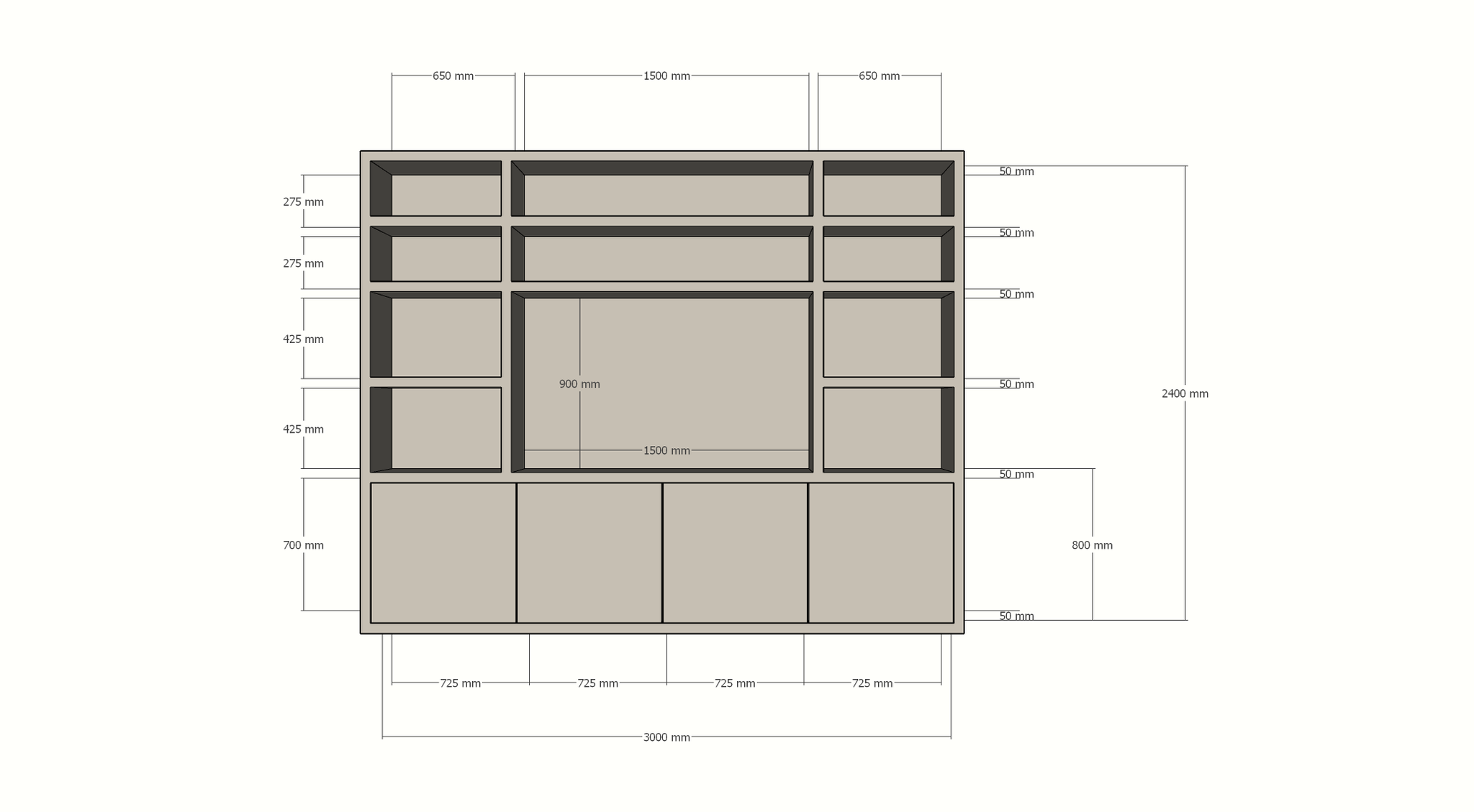 Hong Kong Fächerschrank - 300x40x240cm - 11 offene Fächer - 4 push-to-open Türen - 5cm Fachbodenstärke