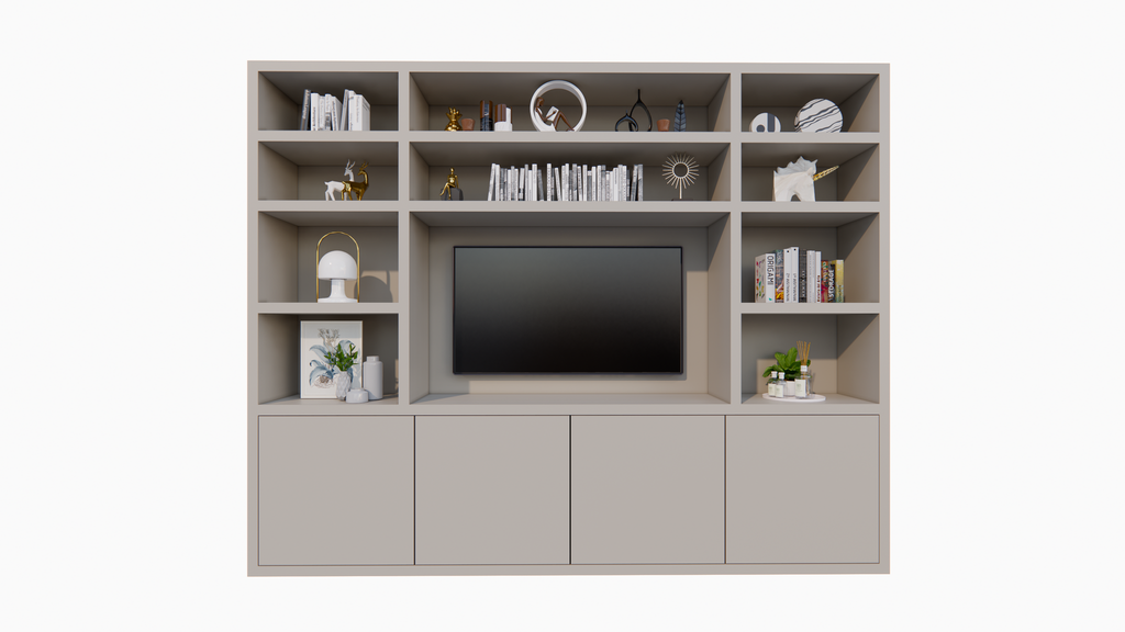 Hong Kong Fächerschrank - 300x40x240cm - 11 offene Fächer - 4 push-to-open Türen - 5cm Fachbodenstärke