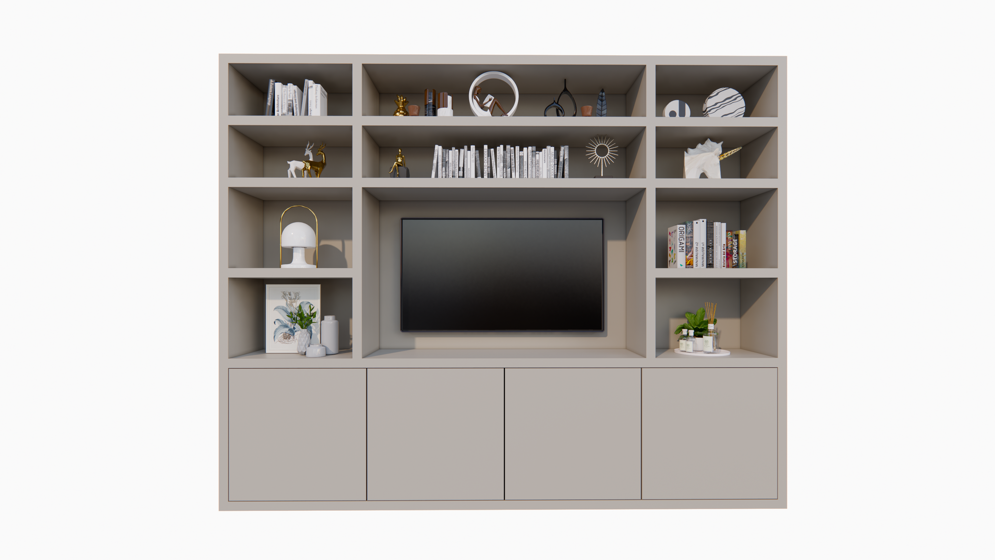 Hong Kong Fächerschrank - 300x40x240cm - 11 offene Fächer - 4 push-to-open Türen - 5cm Fachbodenstärke