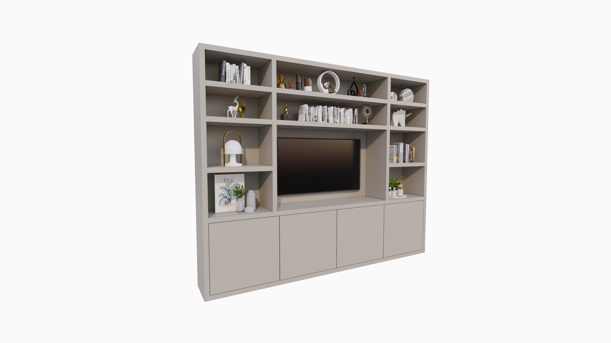Hong Kong Fächerschrank - 300x40x240cm - 11 offene Fächer - 4 push-to-open Türen - 5cm Fachbodenstärke