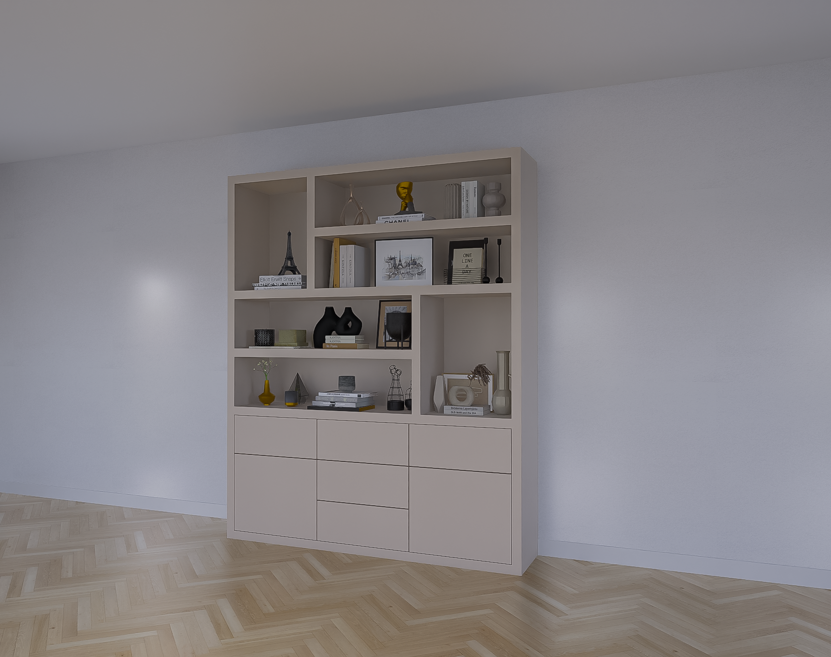 Joetsu Fächerschrank - 180x40x220H cm - 5cm Fachbodenstärke - 5 push-to-open Schubladen - 2 push-to-open Türen - schlankes Design