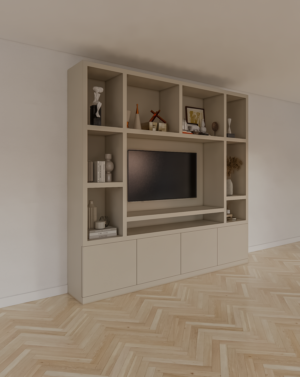 Jose Fächerschrank - 250x40x240H cm - 10 offene Fächer - 4 push-to-open Türen - 5cm Fachbodenstärke