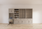 Schreibtisch-Sideboard Kansas - 340x50x220H cm - mit Stahltüren - Schreibtischfach mit ausziehbarem Fachboden - offenes Bücherregal