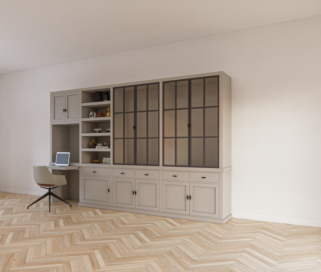 Schreibtisch-Sideboard Kansas - 340x50x220H cm - mit Stahltüren - Schreibtischfach mit ausziehbarem Fachboden - offenes Bücherregal
