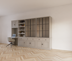Schreibtisch-Sideboard Kansas - 340x50x220H cm - mit Stahltüren - Schreibtischfach mit ausziehbarem Fachboden - offenes Bücherregal