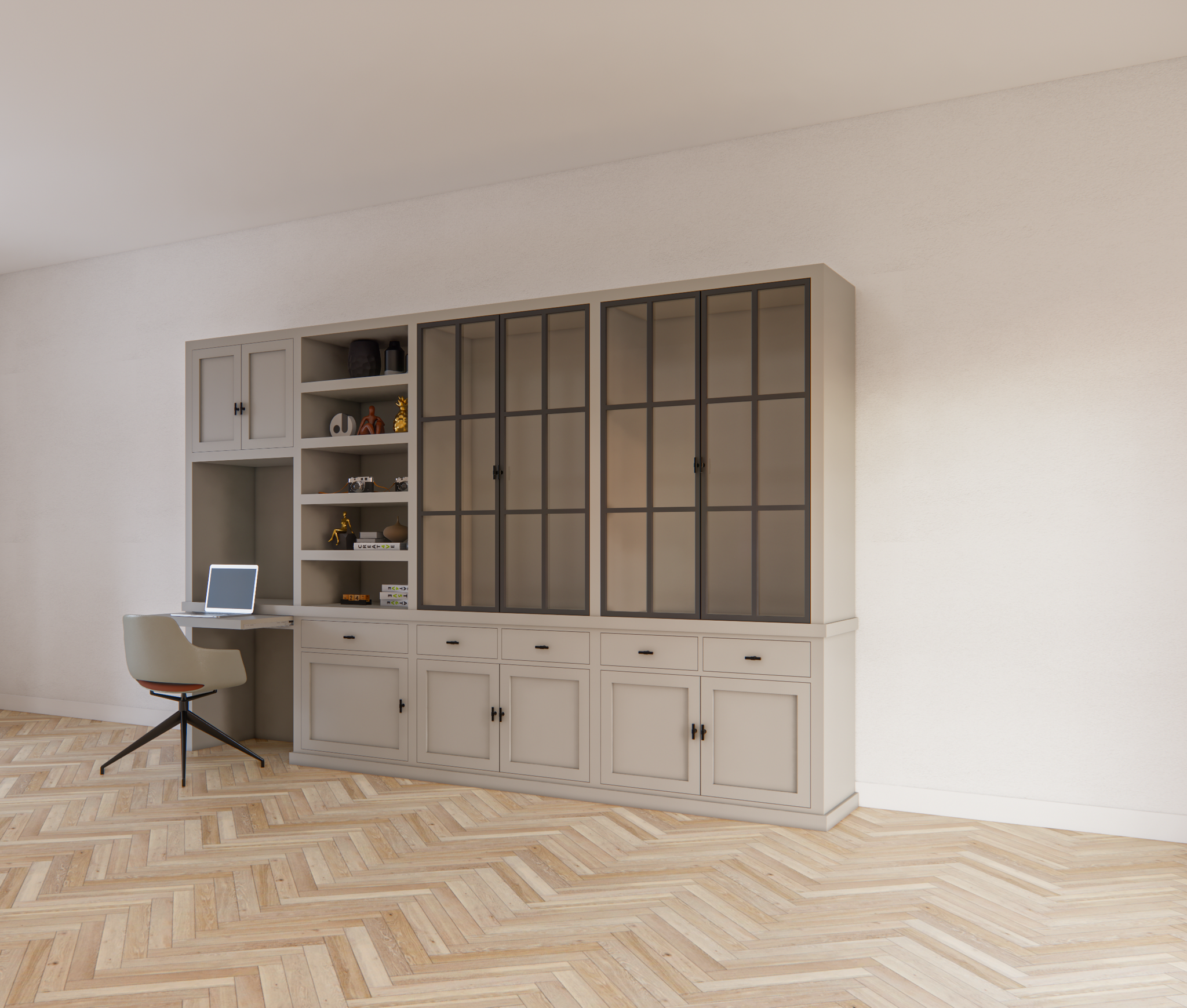 Schreibtisch-Sideboard Kansas - 340x50x220H cm - mit Stahltüren - Schreibtischfach mit ausziehbarem Fachboden - offenes Bücherregal