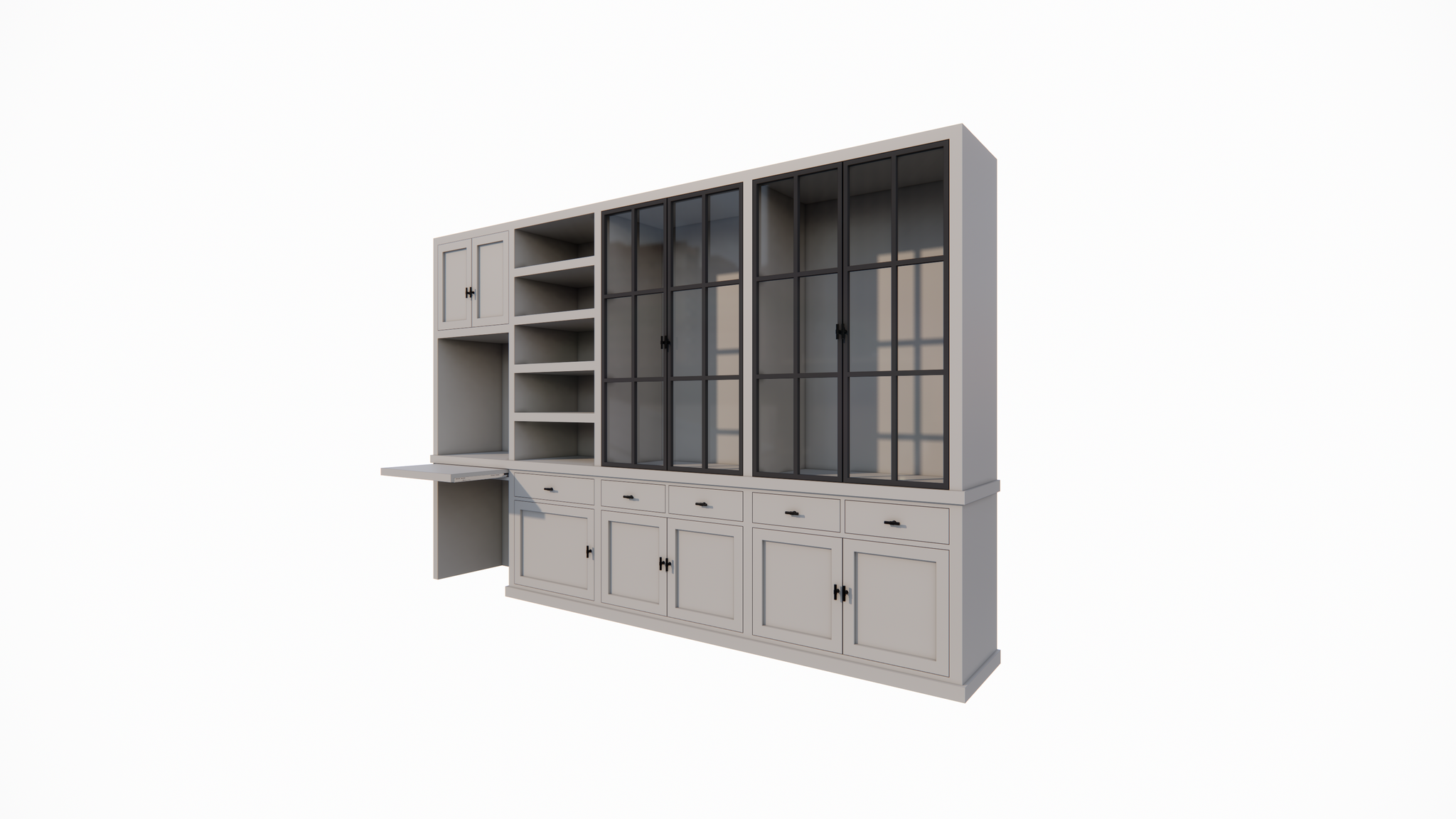 Schreibtisch-Sideboard Kansas - 340x50x220H cm - mit Stahltüren - Schreibtischfach mit ausziehbarem Fachboden - offenes Bücherregal