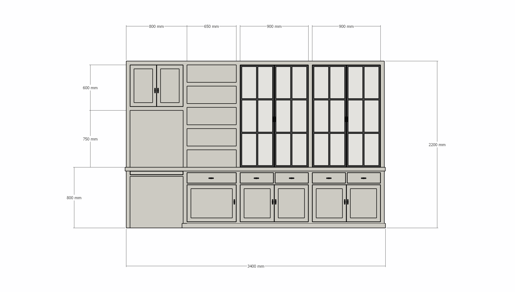 Schreibtisch-Sideboard Kansas - 340x50x220H cm - mit Stahltüren - Schreibtischfach mit ausziehbarem Fachboden - offenes Bücherregal
