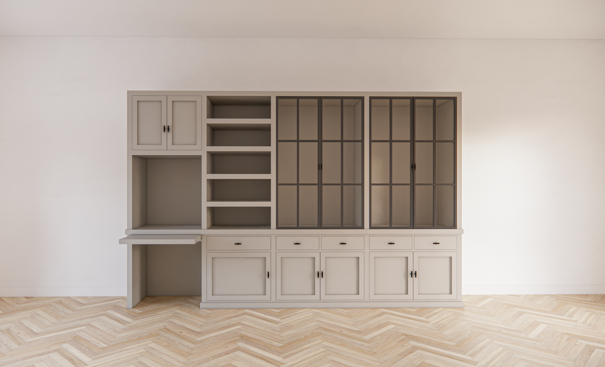 Schreibtisch-Sideboard Kansas - 340x50x220H cm - mit Stahltüren - Schreibtischfach mit ausziehbarem Fachboden - offenes Bücherregal