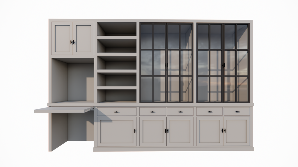 Schreibtisch-Sideboard Kansas - 340x50x220H cm - mit Stahltüren - Schreibtischfach mit ausziehbarem Fachboden - offenes Bücherregal