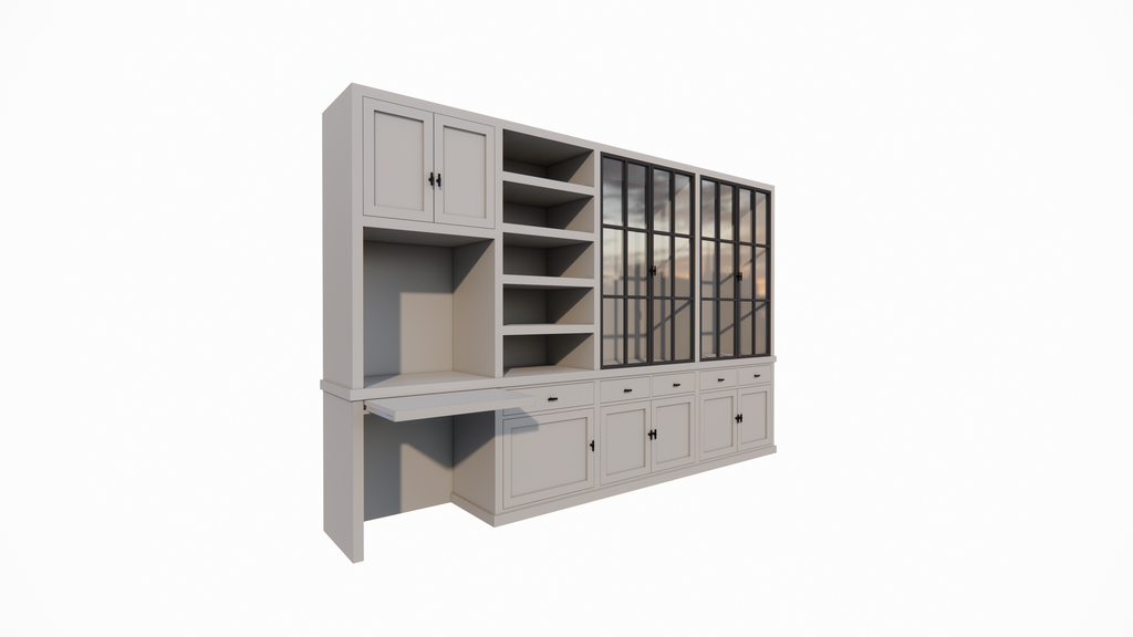 Schreibtisch-Sideboard Kansas - 340x50x220H cm - mit Stahltüren - Schreibtischfach mit ausziehbarem Fachboden - offenes Bücherregal