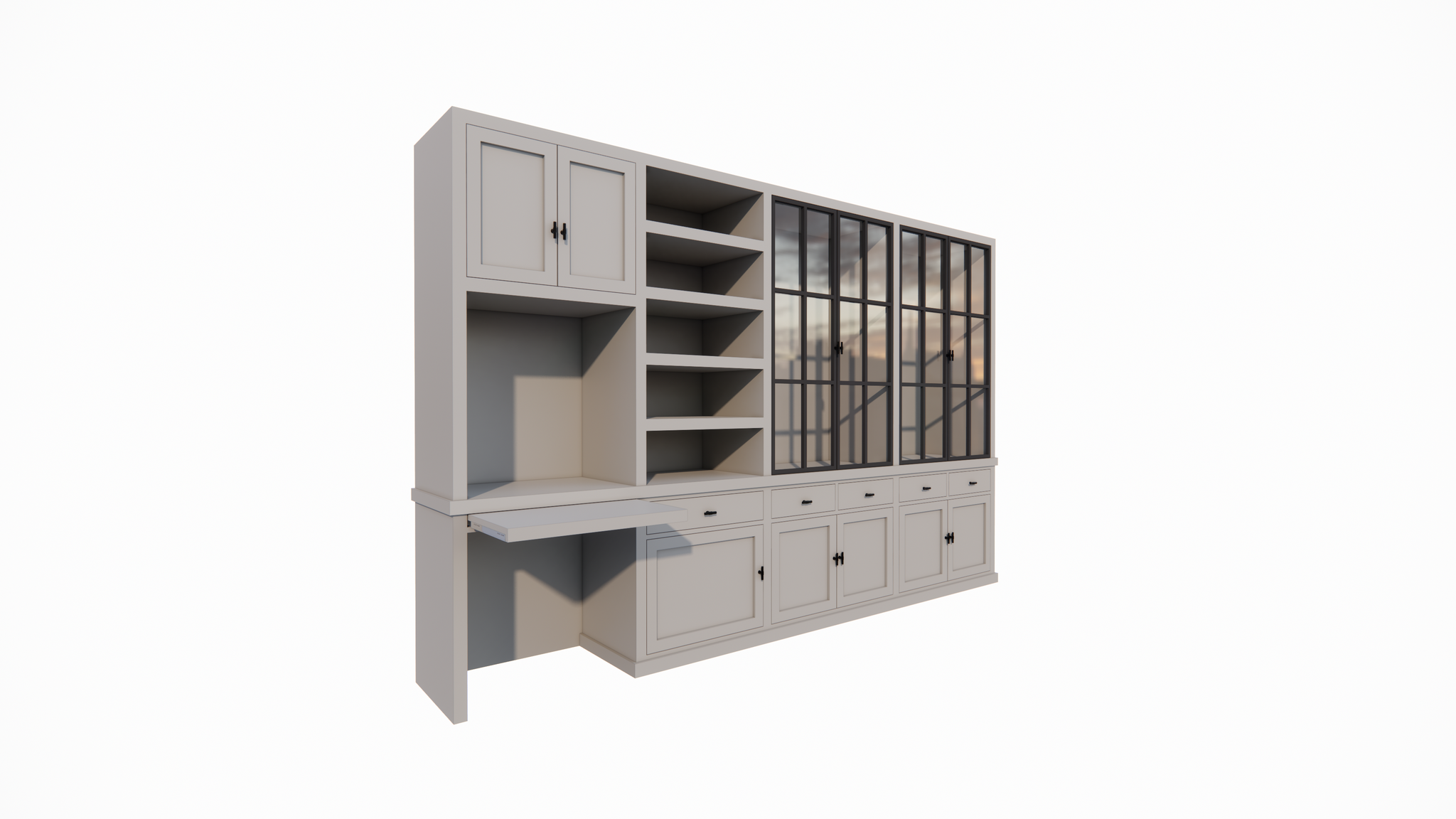 Schreibtisch-Sideboard Kansas - 340x50x220H cm - mit Stahltüren - Schreibtischfach mit ausziehbarem Fachboden - offenes Bücherregal