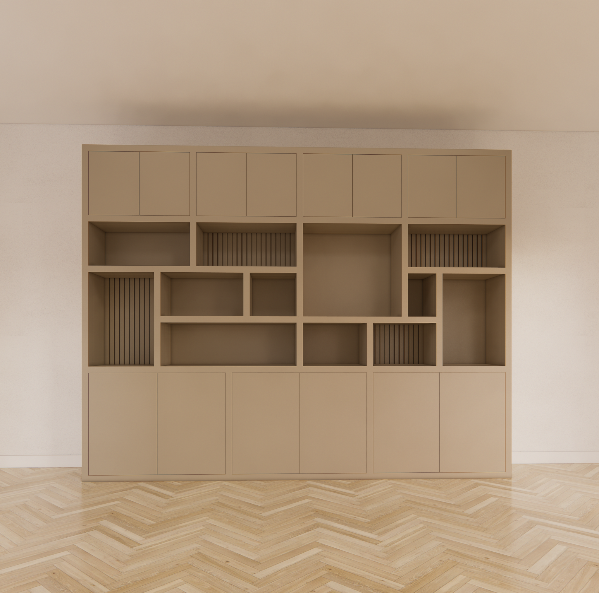 Kleiderschrank Karumba - 340x50x263H cm - geschlossene Türen - offene Fächer - Eichenpaneele - schlichte Ausführung