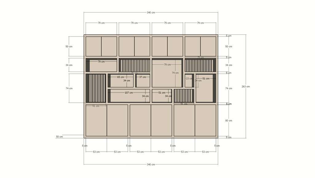 Kleiderschrank Karumba - 340x50x263H cm - geschlossene Türen - offene Fächer - Eichenpaneele - schlichte Ausführung